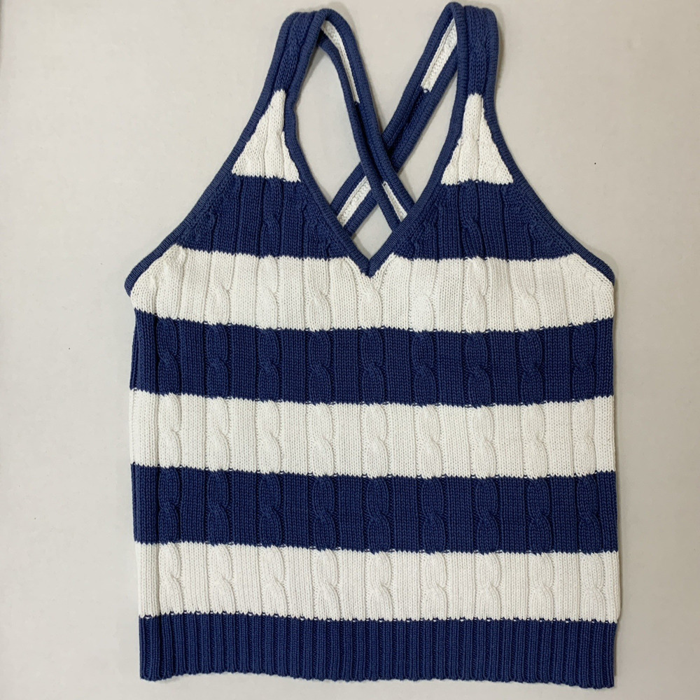 VTG‎ 90s Women 100% Cotton Stripped Cable Knit Halter Top Sz M Coastal Preppy